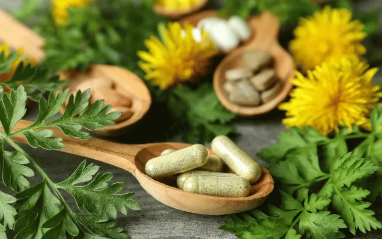"Plantes et capsules de suppléments naturels sur des cuillères en bois, entourées de feuilles vertes et de fleurs jaunes